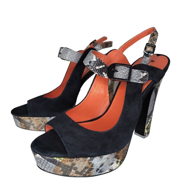 Via Spiga NWT Women's Black & Snakeskin High Heel Platform Sandals Size 9 - Picture 8 of 9